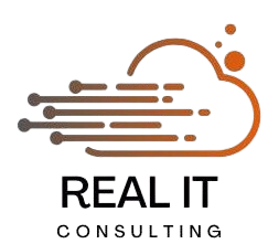 Logo of Real IT Consulting with a cloud and lines design on a white background